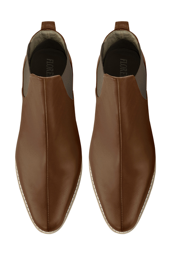 Caramel brown women's ankle boots, with elastics. Round toe. Flat leather soles. Top view - Florence KOOIJMAN